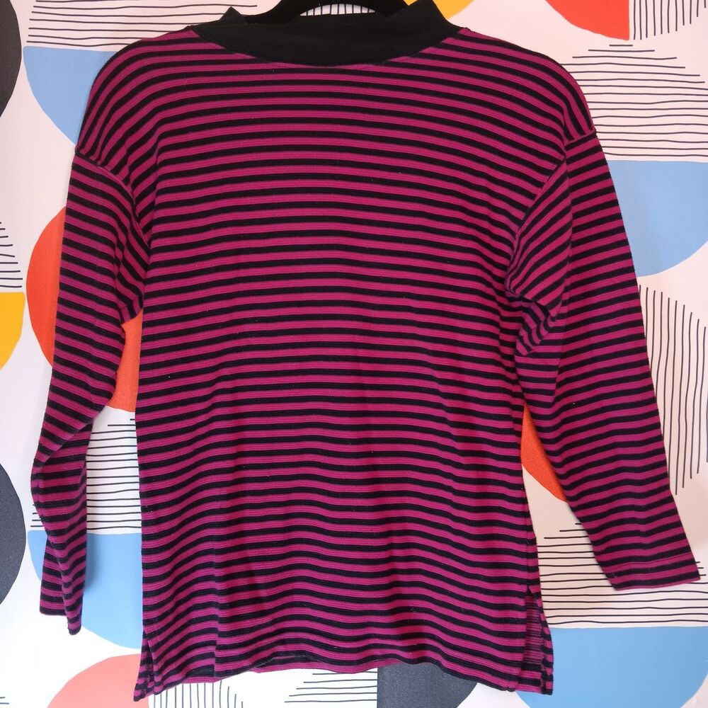 VINTAGE 90's Striped Long Sleeve Mock Turtle Neck Fuschia & Black Y2K Sz M 10-12